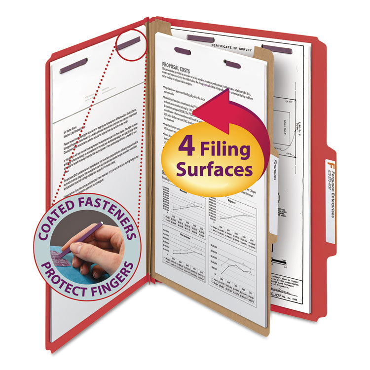 Smead - Four-Section Pressboard Top Tab Classification Folders with SafeSHIELD Fasteners, 1 Divider, Legal Size, Bright Red, 10/Box