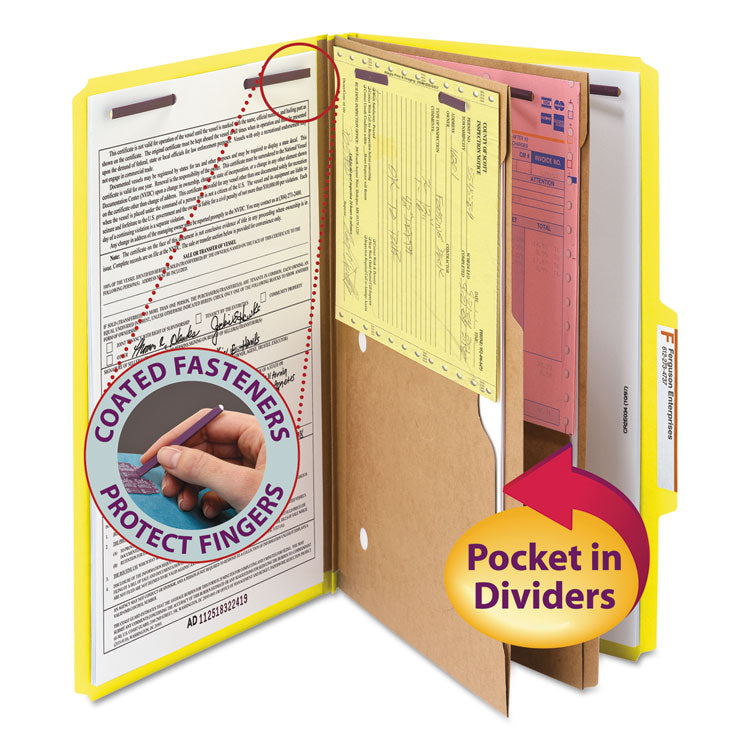 Smead - 6-Section Pressboard Top Tab Pocket-Style Classification Folders with SafeSHIELD Fasteners, 2 Dividers, Legal, Yellow, 10/Box