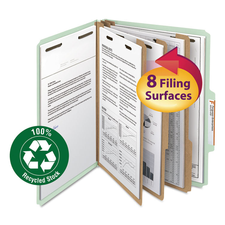 Smead - Recycled Pressboard Classification Folders, 3" Expansion, 3 Dividers, 8 Fasteners, Letter Size, Gray-Green, 10/Box