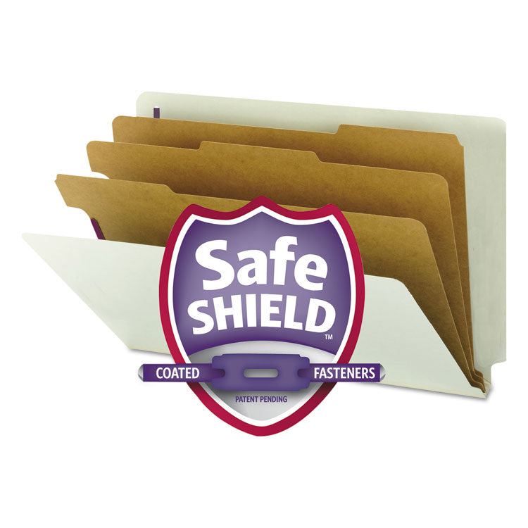 Smead - End Tab Pressboard Classification Folders with SafeSHIELD Coated Fasteners, 3 Dividers, Legal Size, Gray-Green, 10/Box