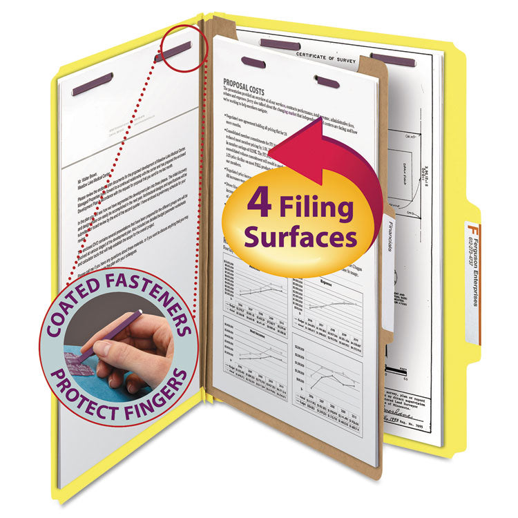 Smead - Four-Section Pressboard Top Tab Classification Folders with SafeSHIELD Fasteners, 1 Divider, Legal Size, Yellow, 10/Box