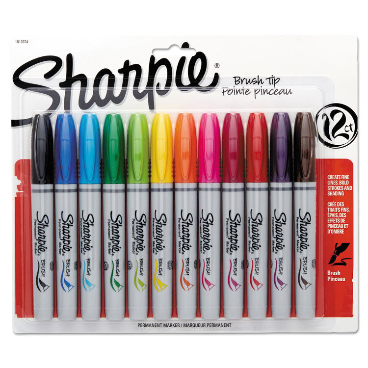 Sharpie - Brush Tip Permanent Marker, Medium Brush Tip, Assorted Colors, 12/Set