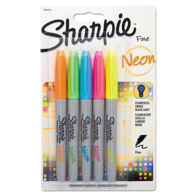 Sharpie - Neon Permanent Markers, Fine Bullet Tip, Assorted Colors, 5/Pack