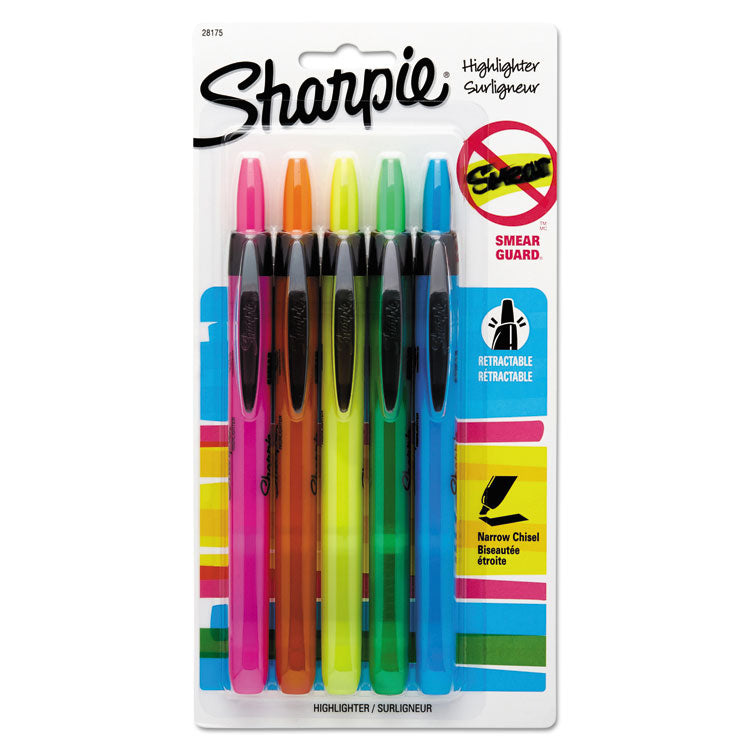 Sharpie - Retractable Highlighters, Assorted Ink Colors, Chisel Tip, Assorted Barrel Colors, 5/Set