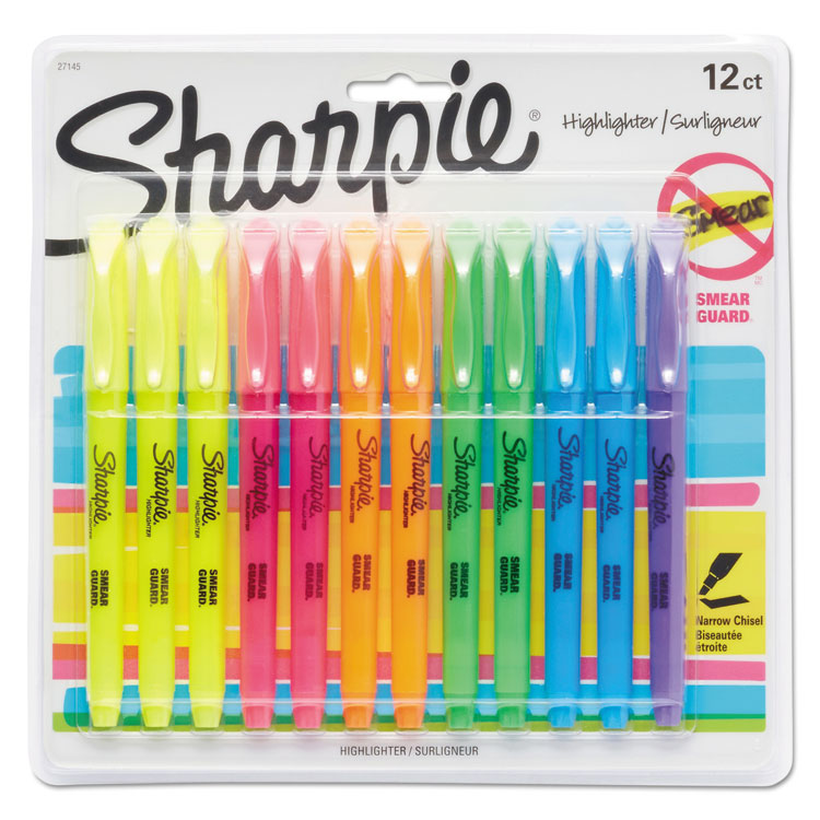 Sharpie - Pocket Style Highlighters, Assorted Ink Colors, Chisel Tip, Assorted Barrel Colors, Dozen