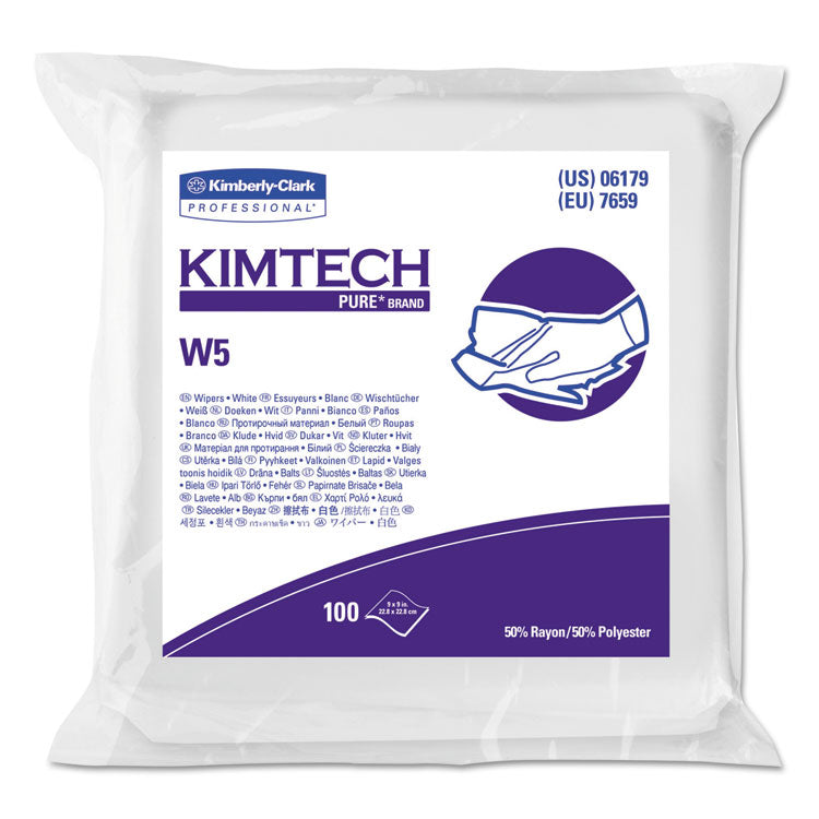 Kimtech - W5 Critical Task Wipers, Flat Double Bag, Spunlace, 9 x 9, White, 100/Pack, 5 Packs/Carton