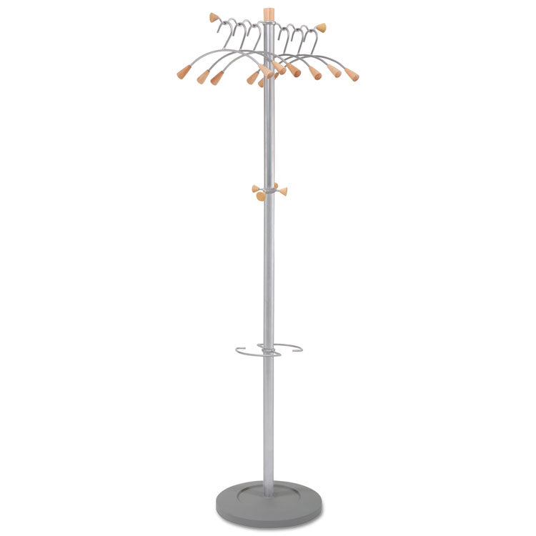 Alba - Wavy Coat Tree, Six Hangers/Two Knobs/Four Hooks, 18.88w x 14d x 68.5h, Silver/Wood