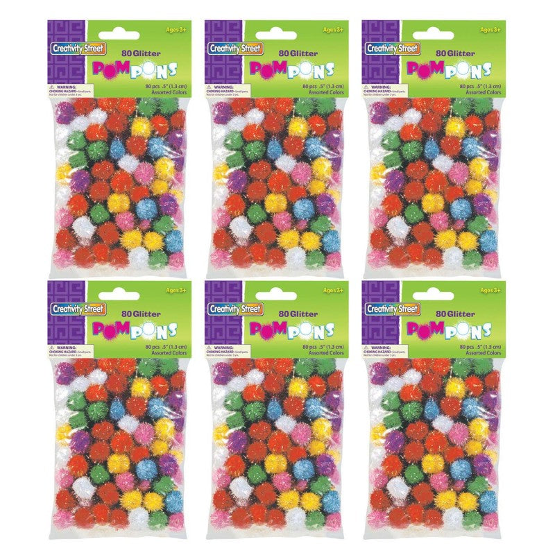 CREATIVITY STREET - Glitter Pom Pons, Assorted Colors, 1/2", 80 Per Pack, 6 Packs