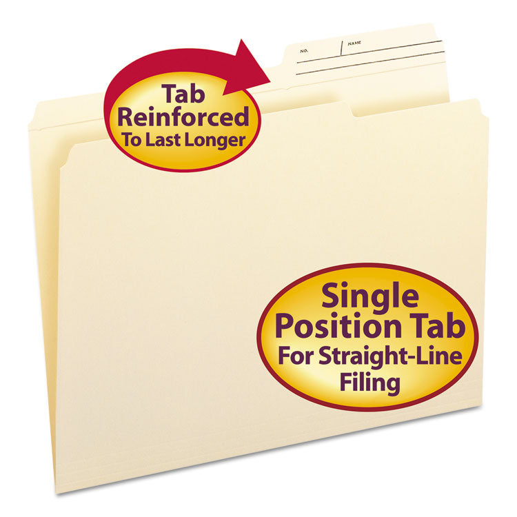 Smead - Reinforced Guide Height File Folders, 2/5-Cut Printed Tabs: Right Position, Letter Size, 0.75" Expansion, Manila, 100/Box