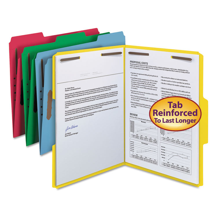 Smead - Top Tab Colored Fastener Folders, 2 Fasteners, Letter Size, Assorted Exterior, 50/Box