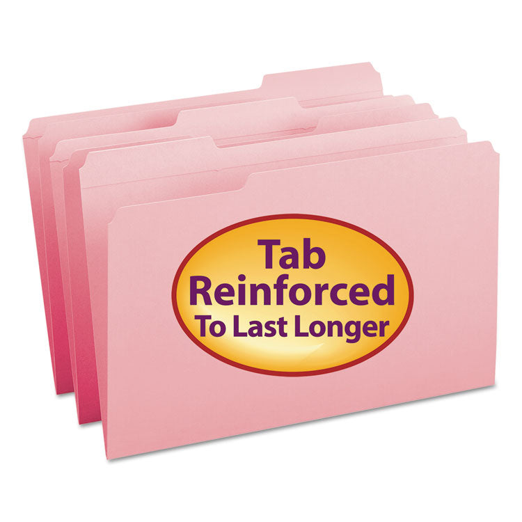 Smead - Reinforced Top Tab Colored File Folders, 1/3-Cut Tabs: Assorted, Legal Size, 0.75" Expansion, Pink, 100/Box