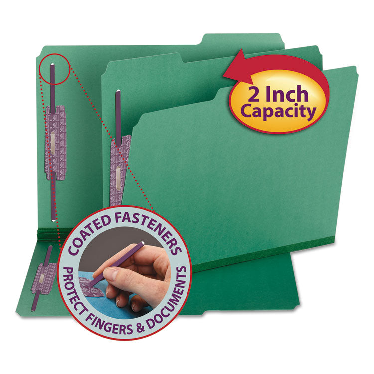 Smead - Colored Pressboard Fastener Folders with SafeSHIELD Coated Fasteners, 2 Fasteners, Letter Size, Green Exterior, 25/Box