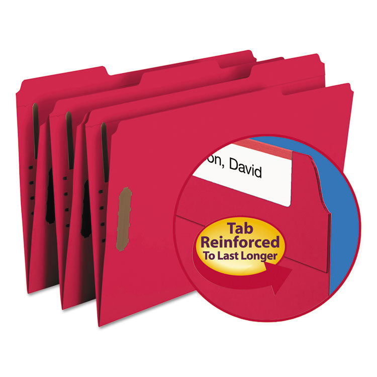 Smead - Top Tab Colored Fastener Folders, 2 Fasteners, Legal Size, Red Exterior, 50/Box