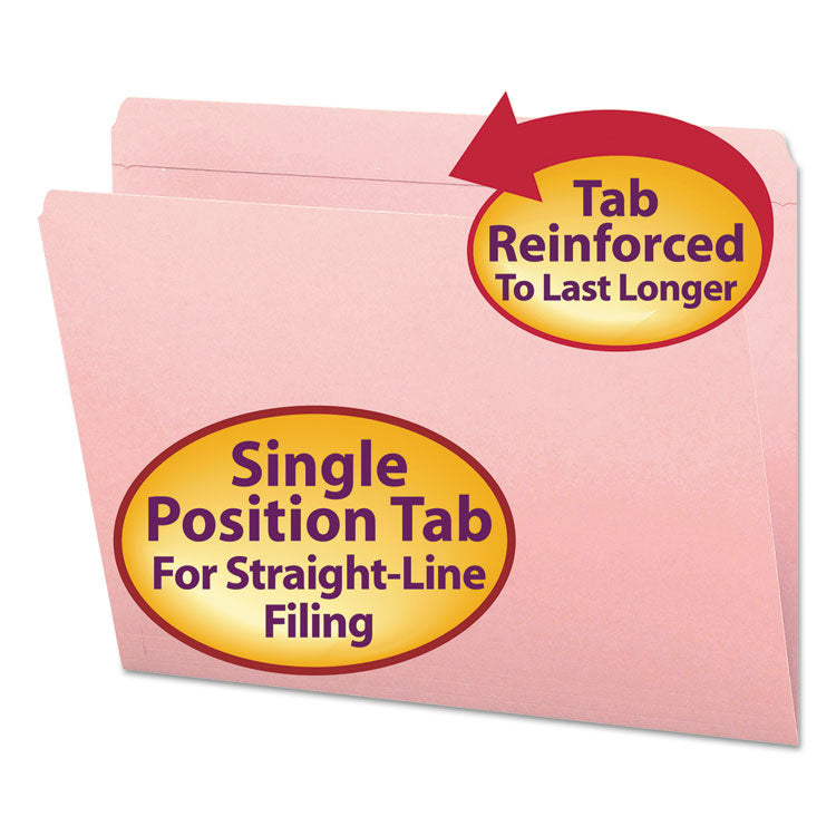 Smead - Reinforced Top Tab Colored File Folders, Straight Tabs, Letter Size, 0.75" Expansion, Pink, 100/Box