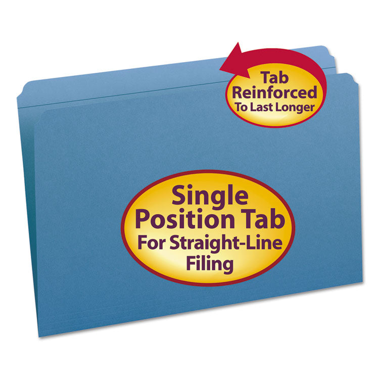 Smead - Reinforced Top Tab Colored File Folders, Straight Tabs, Legal Size, 0.75" Expansion, Blue, 100/Box