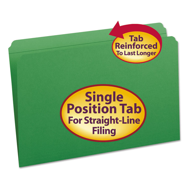 Smead - Reinforced Top Tab Colored File Folders, Straight Tabs, Legal Size, 0.75" Expansion, Green, 100/Box