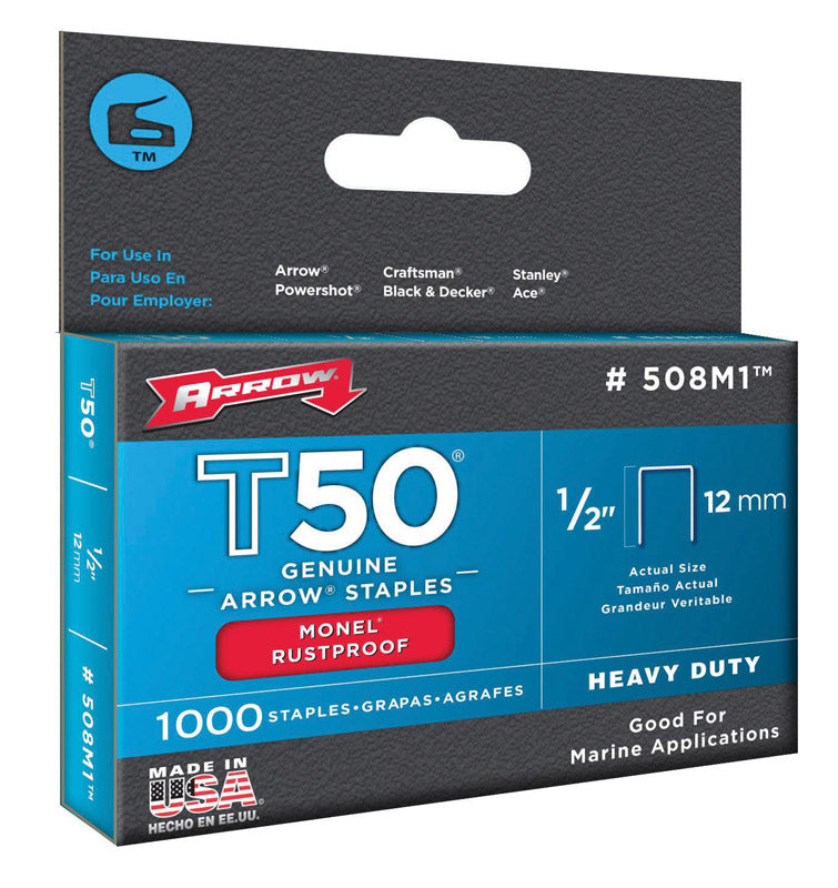 ARROW - Arrow Monel T50 3/8 in. W X 1/2 in. L 18 Ga. Flat Crown Heavy Duty Staples 1000 pk - Case of 5