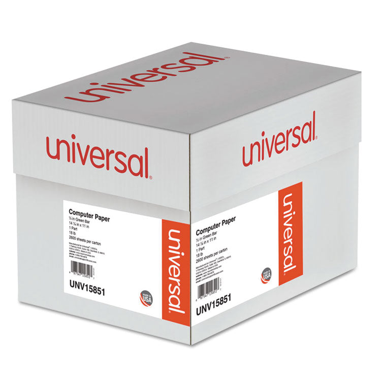 Universal - Printout Paper, 1-Part, 18 lb Bond Weight, 14.88 x 11, White/Green Bar, 2,600/Carton