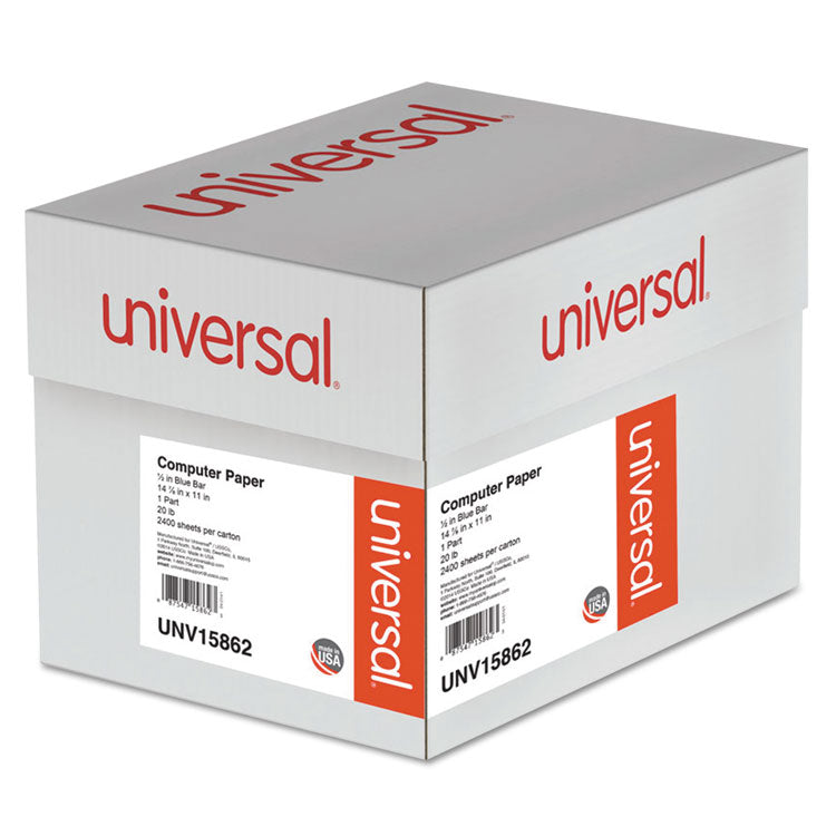 Universal - Printout Paper, 1-Part, 20 lb Bond Weight, 14.88 x 11, White/Blue Bar, 2,400/Carton