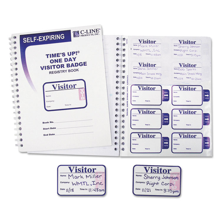 C-Line - Time's Up Self-Expiring Visitor Badges with Registry Log, 3 x 2, White, 150 Badges/Box