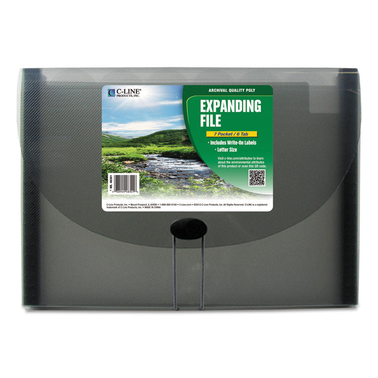 C-Line - Expanding Files, 1.63" Expansion, 7 Sections, Cord/Hook Closure, 1/6-Cut Tabs, Letter Size, Smoke