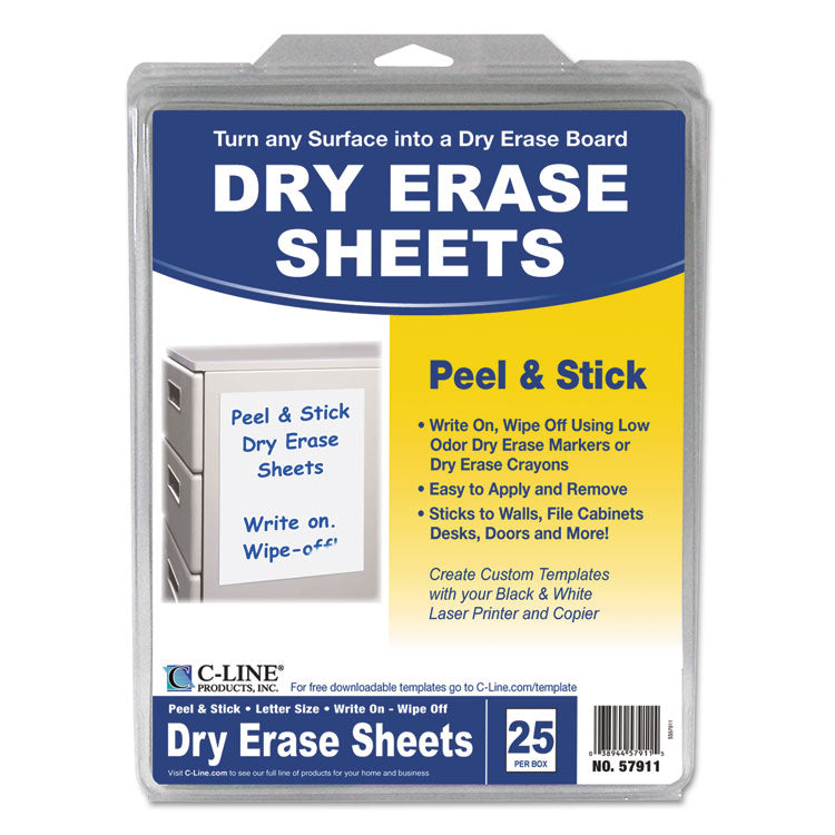 C-Line - Peel and Stick Dry Erase Sheets, 8 1/2 x 11, White, 25 Sheets/Box