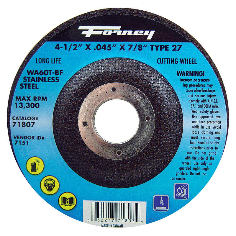 FORNEY - Forney 4-1/2 in. D X 7/8 in. Aluminum Oxide Metal Cut-Off Wheel 1 pc [71807]