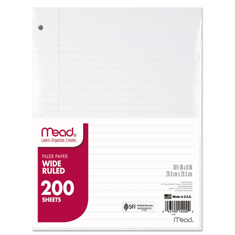 Mead - Filler Paper, 3-Hole, 8 x 10.5, Wide/Legal Rule, 200/Pack (4802252)