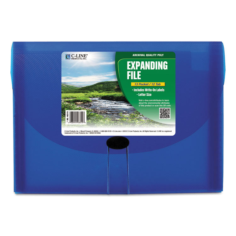 C-Line - Expanding Files, 1.63" Expansion, 13 Sections, Cord/Hook Closure, 1/6-Cut Tabs, Letter Size, Blue