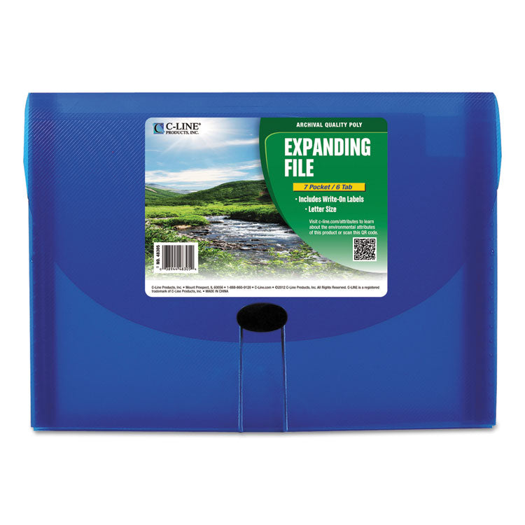 C-Line - Expanding Files, 1.63" Expansion, 7 Sections, Cord/Hook Closure, 1/6-Cut Tabs, Letter Size, Blue