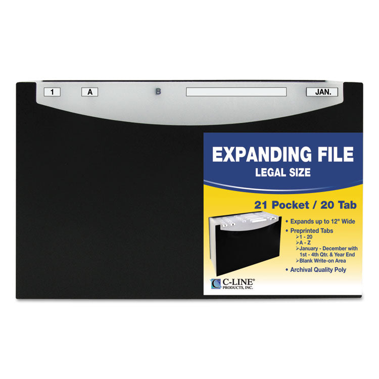 C-Line - 21-Pocket Stand-Up Design Expanding File, 12" Expansion, 21 Sections, 1/5-Cut Tabs, Legal Size, Black