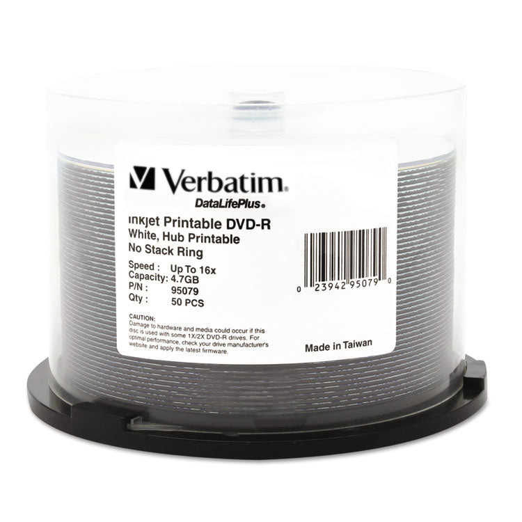 Verbatim - DVD-R DataLife Plus Printable Recordable Disc, 4.7 GB,16x, Spindle, White, 50/Pack