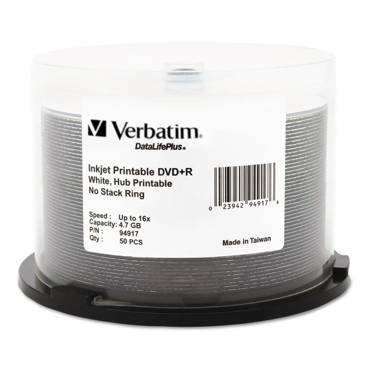 Verbatim - DVD+R Recordable Disc, 4.7 GB, 16x, Spindle, Hub Printable, White, 50/Pack