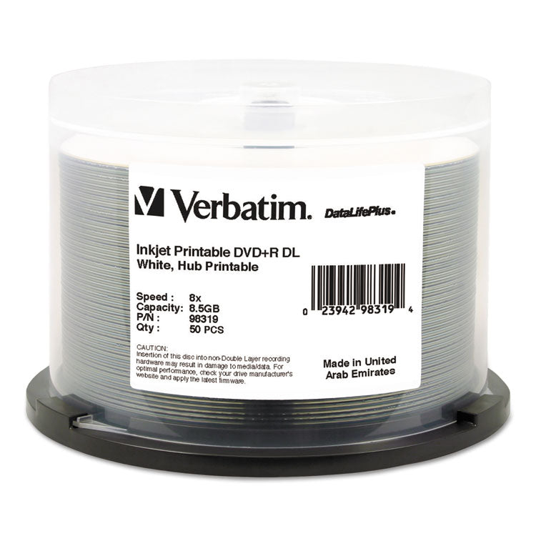 Verbatim - DVD+R Dual Layer Printable Recordable Disc, 8.5 GB, 8x, Spindle, White, 50/Pack