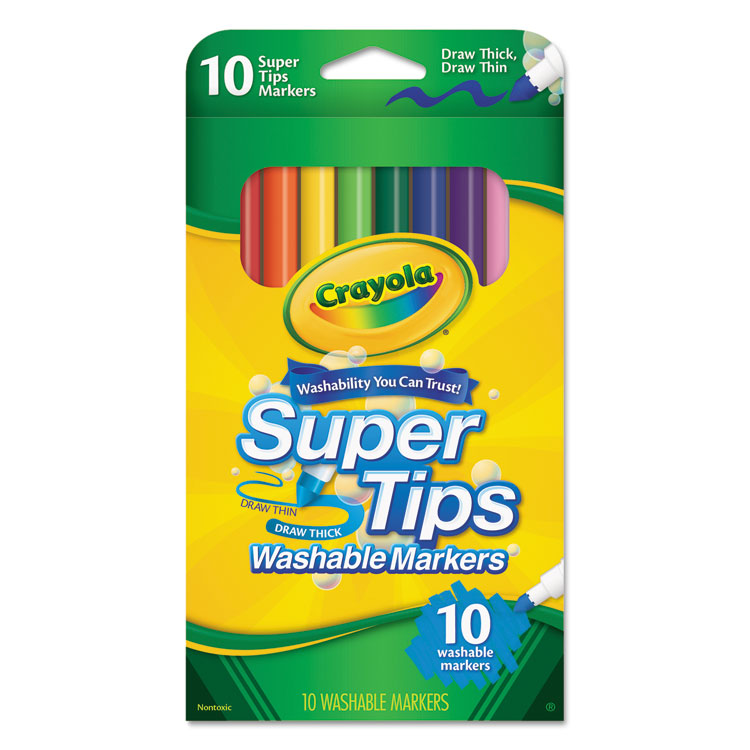 Crayola - Washable Super Tips Markers, Fine/Broad Bullet Tips, Assorted Colors, 10/Set