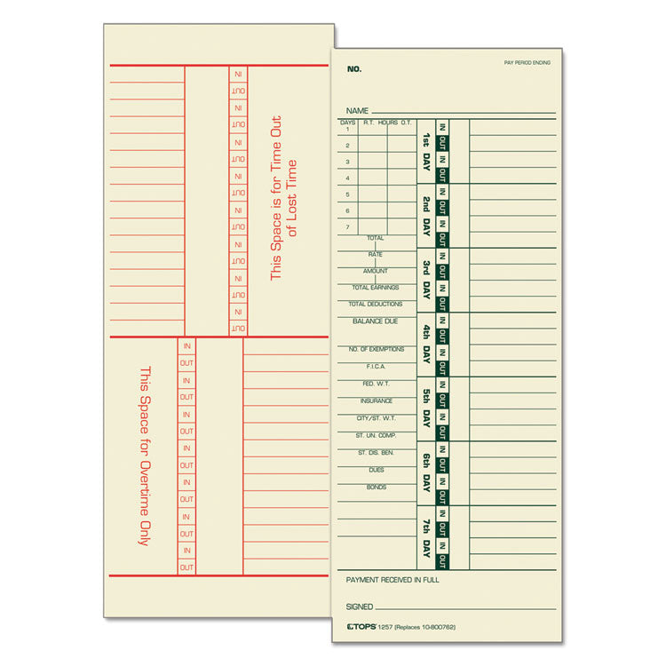 TOPS - Time Clock Cards, Replacement for 10-800762, Two Sides, 3.5 x 9, 500/Box