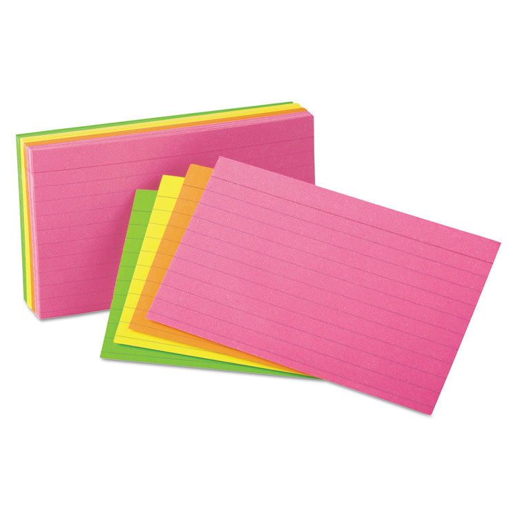 Oxford - Ruled Index Cards, 3 x 5, Glow Green/Yellow, Orange/Pink, 100/Pack