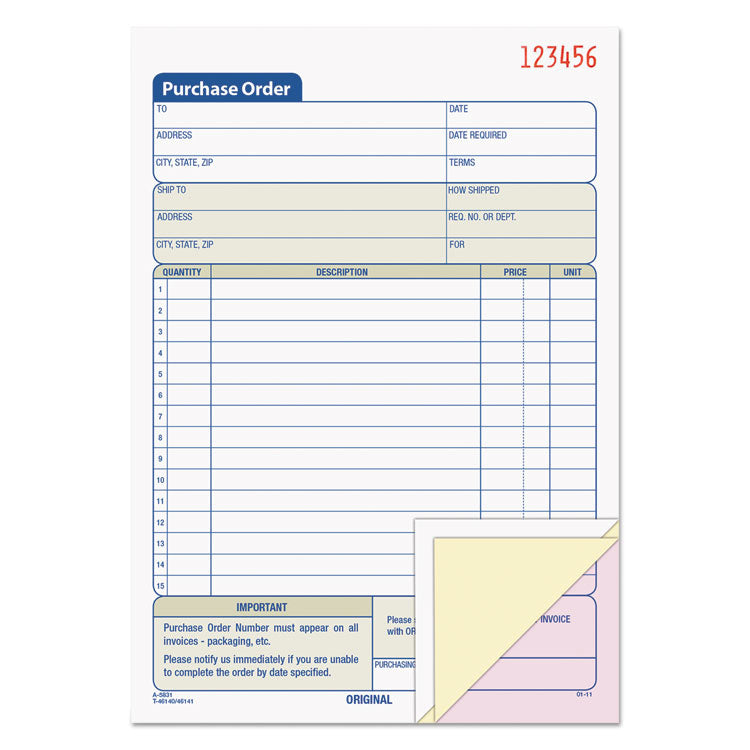 TOPS - Purchase Order Book, 15 Lines, Three-Part Carbonless, 5.56 x 8.44, 50 Forms Total