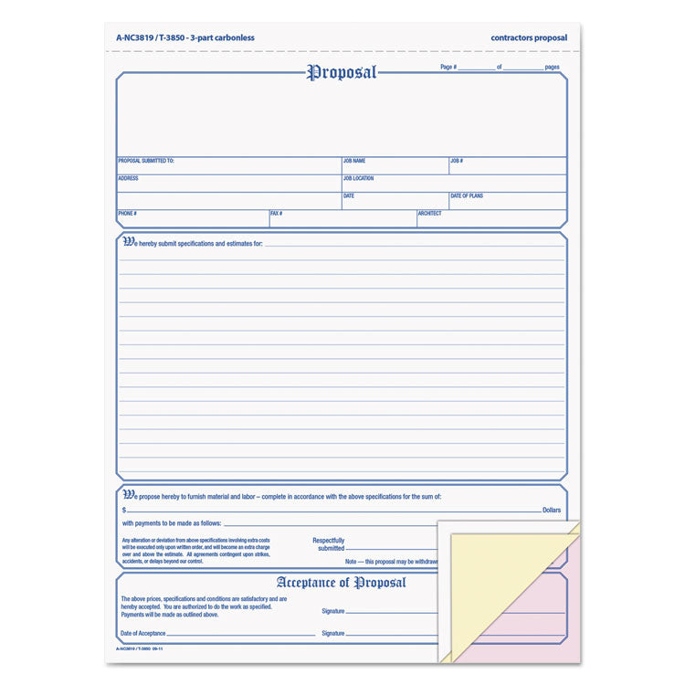 Adams - Contractor Proposal Form, Three-Part Carbonless, 8.5 x 11.44, 1/Page, 50 Forms