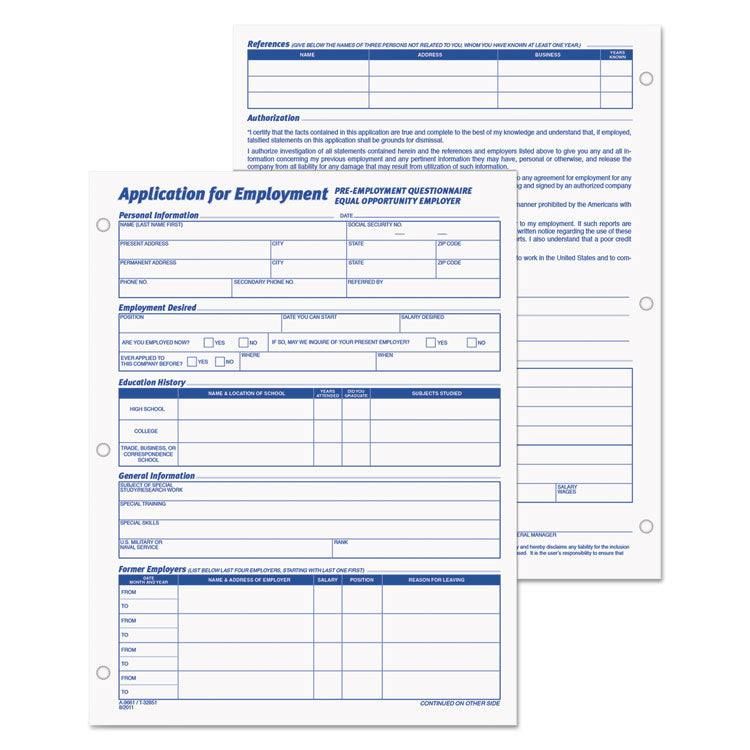 TOPS - Employee Application Form, 8.38 x 11, 1/Page, 50 Forms/Pad, 2 Pads/Pack