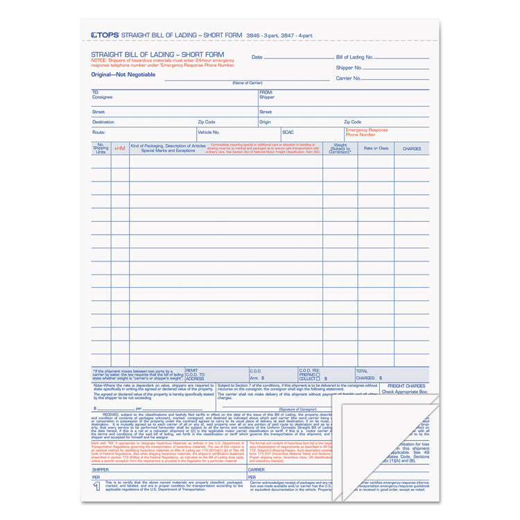 TOPS - Bill of Lading,16-Line, Three-Part Carbonless, 8.5 x 11, 1/Page, 50 Forms