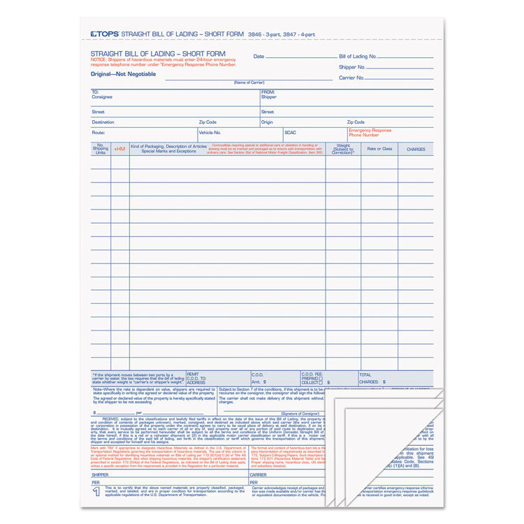 TOPS - Bill of Lading,16-Line, Four-Part Carbonless, 8.5 x 11, 1/Page, 50 Forms