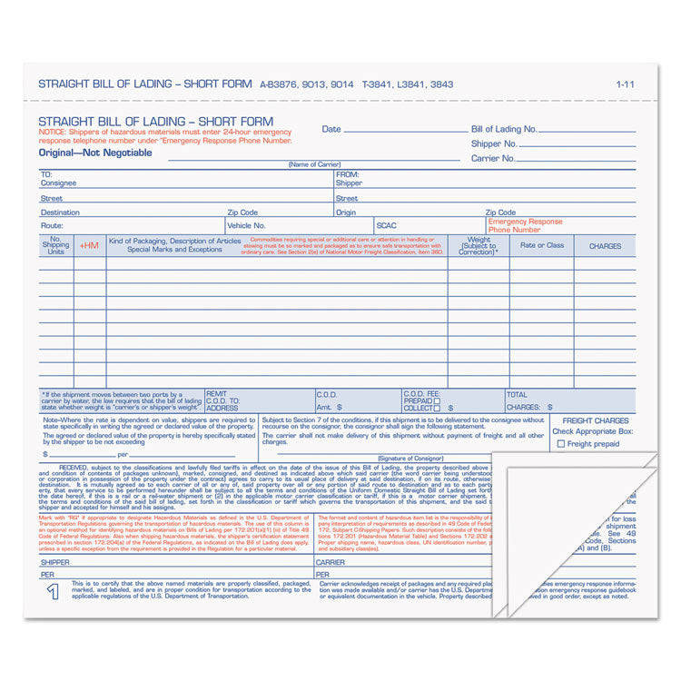 TOPS - Hazardous Material Short Form, Three-Part Carbonless, 7 x 8.5, 1/Page, 50 Forms