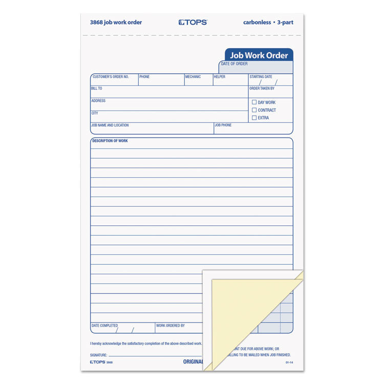 TOPS - Snap-Off Job Work Order Form, Three-Part Carbonless, 5.66 x 8.63, 1/Page, 50 Forms