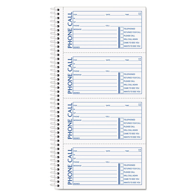 TOPS - Spiralbound Message Book, Two-Part Carbonless, 5 x 2.75, 4 Forms/Sheet, 200 Forms Total