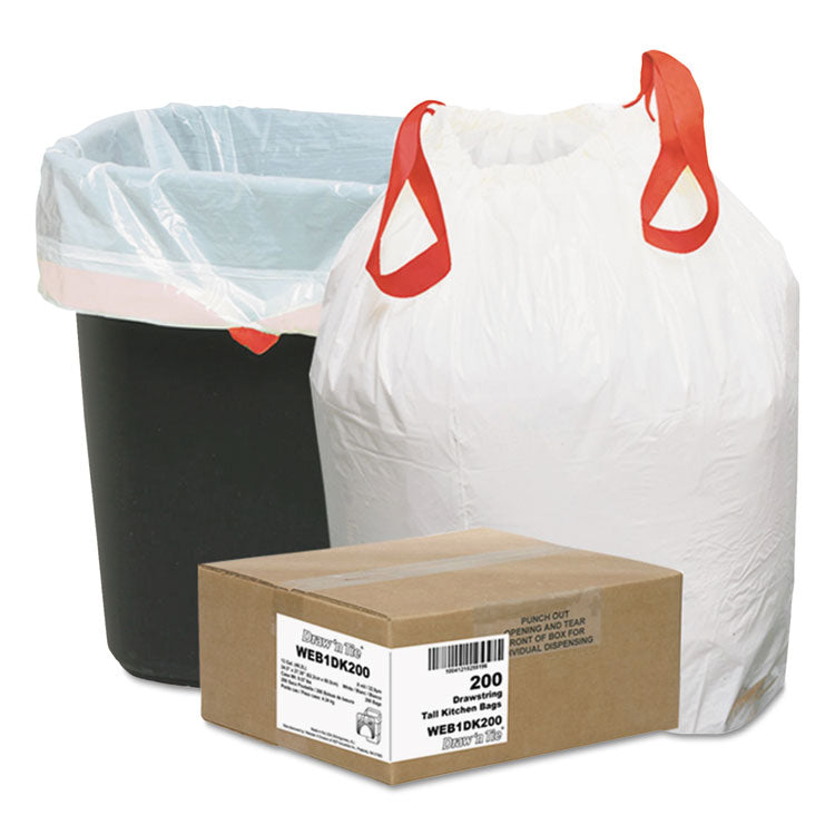 Draw 'n Tie - Heavy-Duty Trash Bags, 13 gal, 0.9 mil, 24.5" x 27.38", White, 200/Box