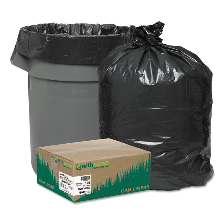 Earthsense Commercial - Linear Low Density Recycled Can Liners, 56 gal, 2 mil, 43" x 47", Black, 100/Carton