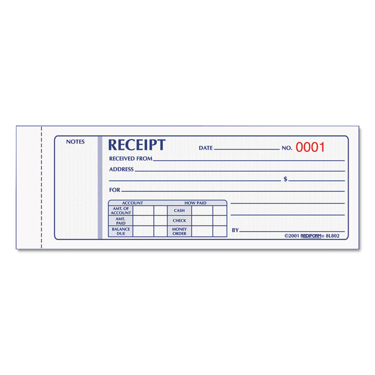 Rediform - Receipt Book, Three-Part Carbonless, 7 x 2.75, 4 Forms/Sheet, 50 Forms Total