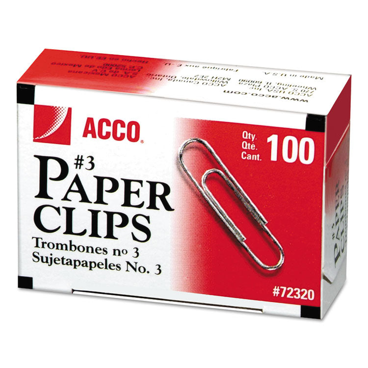 ACCO - Paper Clips, #3, Smooth, Silver, 100 Clips/Box, 10 Boxes/Pack