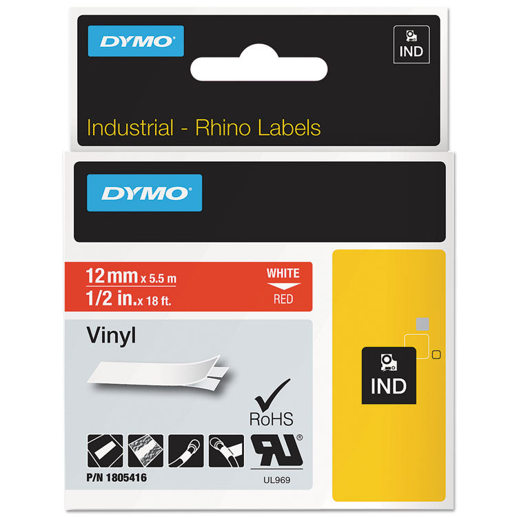 DYMO - Rhino Permanent Vinyl Industrial Label Tape, 0.5" x 18 ft, Red/White Print